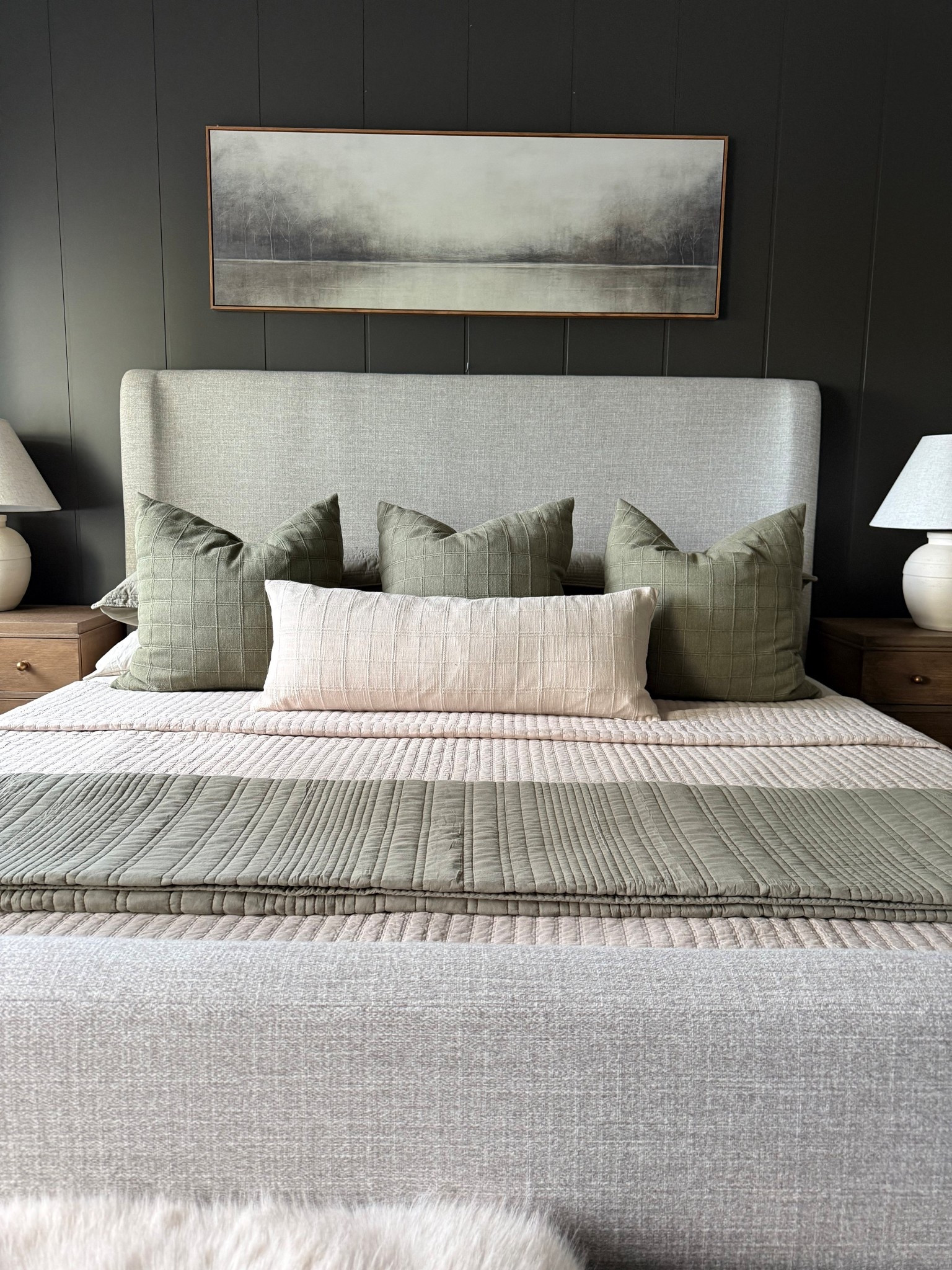 Upholstered bedframe on SALE✨✨
Love this bed just as much now as the day we got it! 
A soft and subtle wingback in a taupe color. 