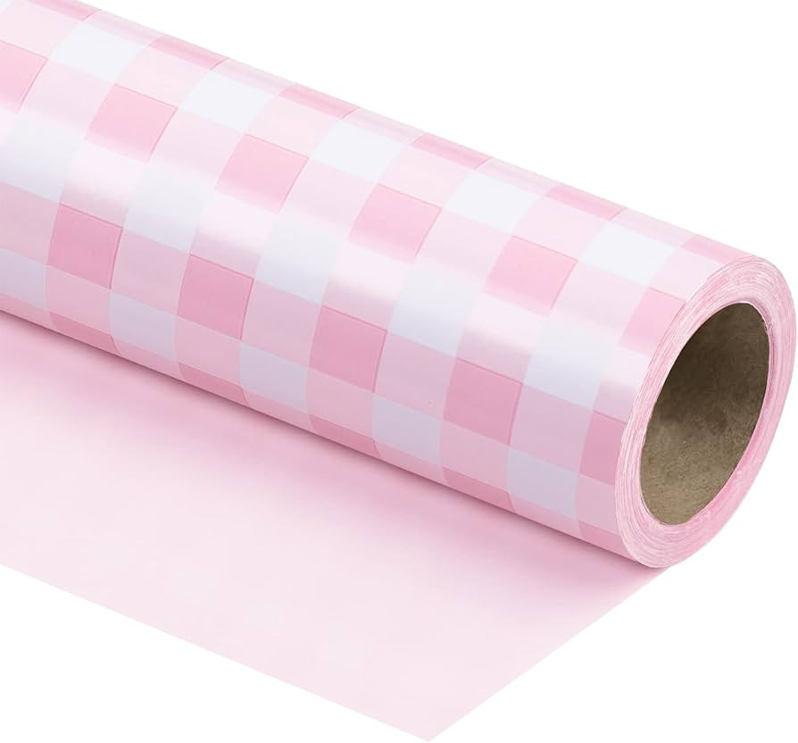 WRAPAHOLIC Reversible Wrapping Paper - Mini Roll - 17 Inch X 33 Feet - Pink and White Plaid Desig... | Amazon (US)