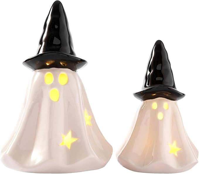 WDS WONDROUS Light Up Halloween Ghost Decorations Set of 2, Cute Ghost Figurines with Witch Hat H... | Amazon (US)