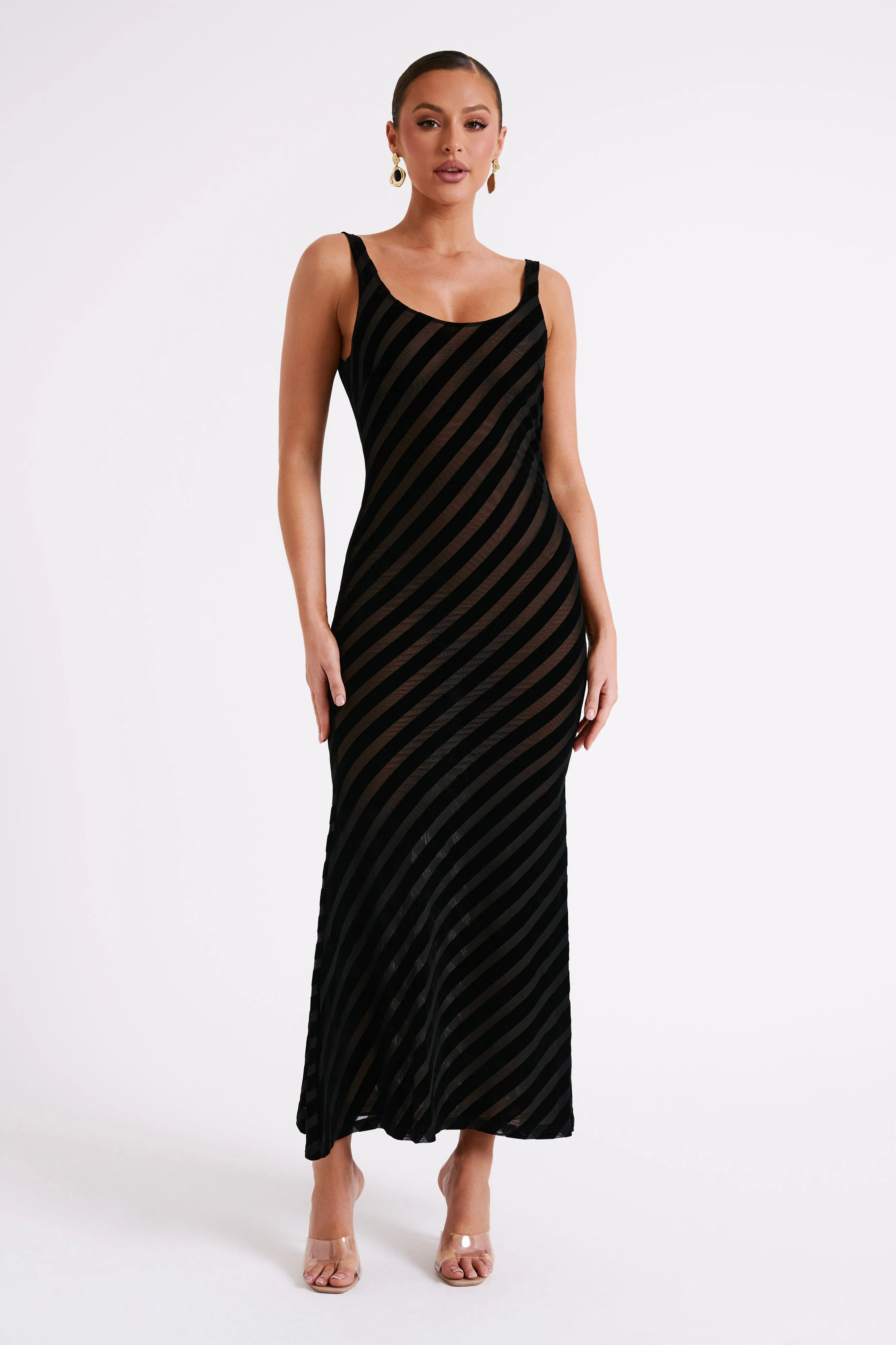 Elena Striped Velvet Burnout Maxi Dress - Black | MESHKI US