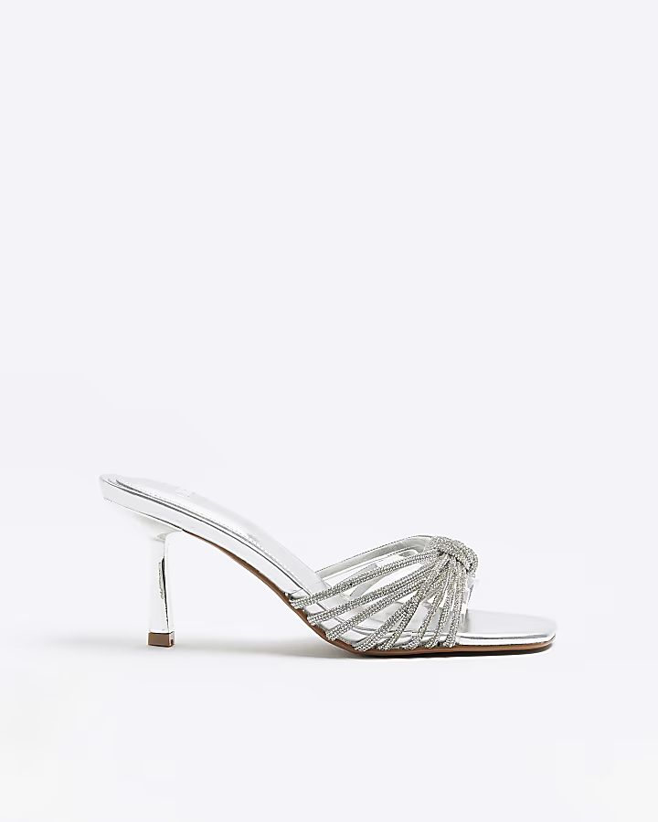 Silver embellished heeled mule shoes | River Island (US)
