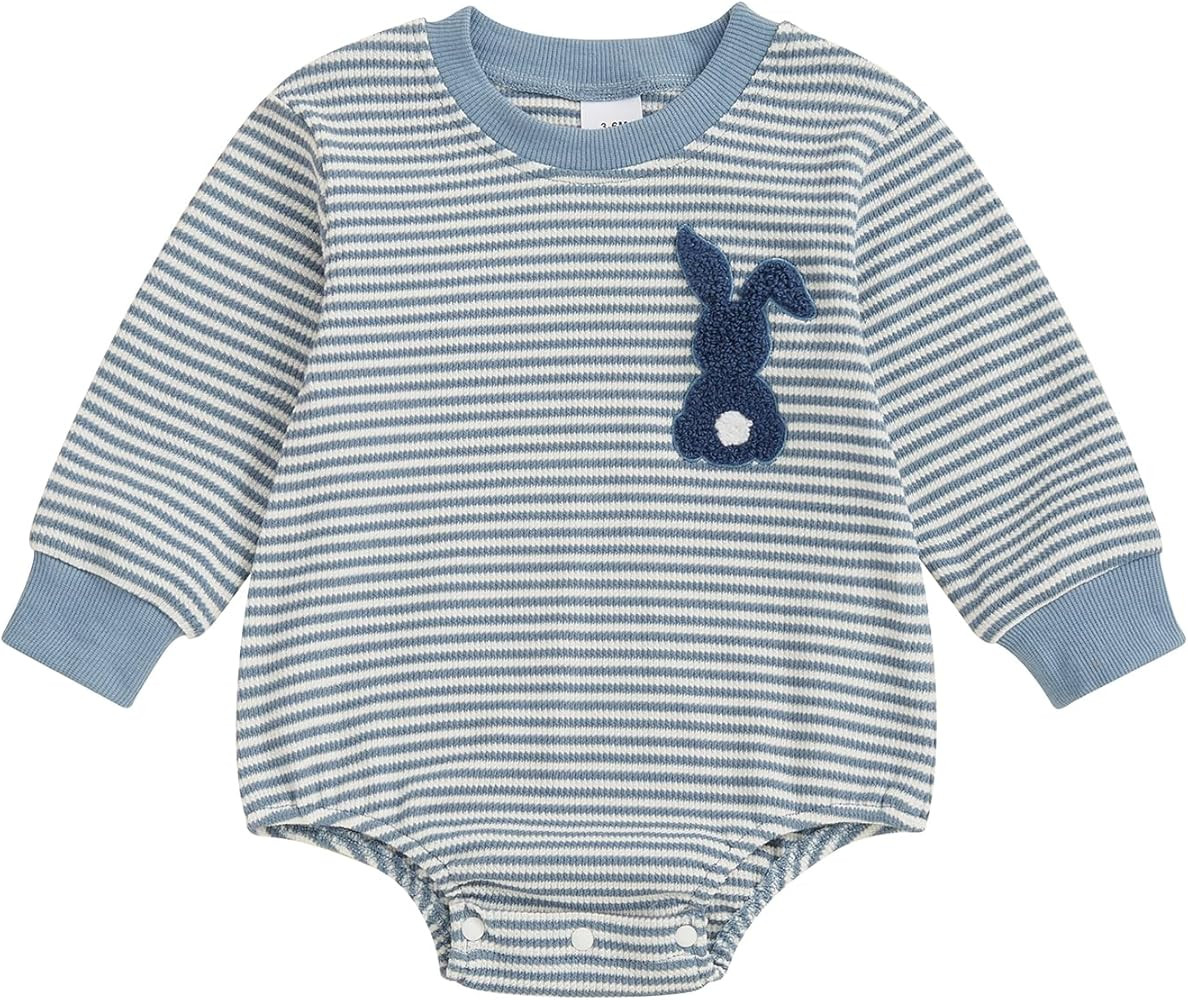 Baby Boy Girl Easter Outfit Sweatshirt Romper Striped Carrot/Bunny Long Sleeve Bubble Romper Waff... | Amazon (US)