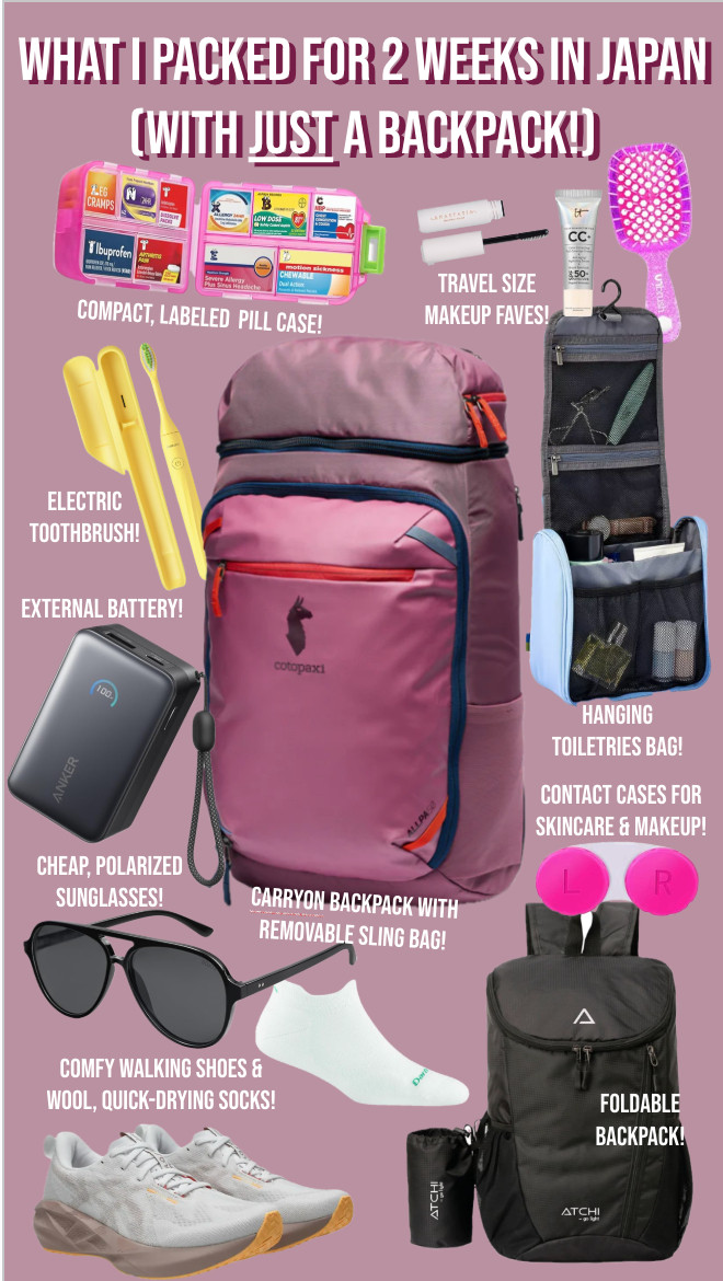 I traveled to Japan for two weeks with just a backpack, and these are some of the things that I would take if I went again! Comment if you have questions about anything!
........
One bagger one bag carryon travel day bag day pack backpack travel pack back external battery external charger travel skincare travel toothbrush toiletry bag toiletries bag travel makeup aviator sunglasses travel favorites travel essentials travel beauty travel must haves backpacking trip packing light Japan trip packing essentials packing cubes packing hacks travel hacks Cotopaxi backpack best socks best walking shoes running shoes asics novablast Disney trip beauty favorites longwear makeup 
 

#LTKBeauty #LTKTravel #LTKfitnessgoals