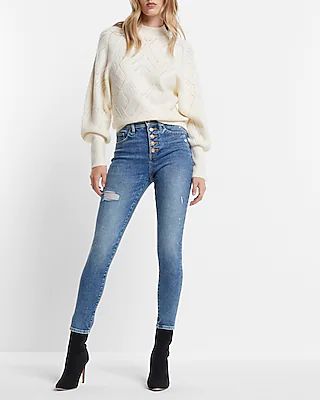 High Waisted Medium Wash Ripped Button Fly Skinny Jeans | Express