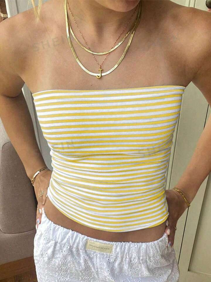 SHEIN EZwear Striped Strapless Tight-Fitting Top, Summer | SHEIN
