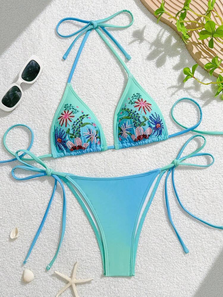 Swim Mod Embroidered Summer New Halter Neck Women's Swimwear Ombre Floral Beaded Triangle Bikini Set, Beach Holiday Swimwear | SHEIN