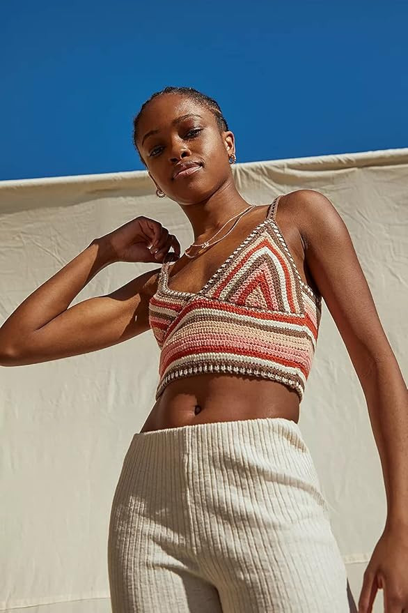 Halter Neck Crop Cami Top Knitted Printed Tank Tops Tee Y2k Sleeveless Strappy Summer Shirts Stre... | Amazon (US)