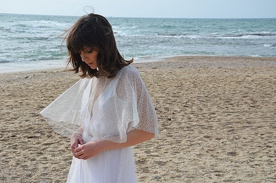 Boho wedding dress, Dotted tulle wedding dress, silver and white dots wedding dress with matching ca | Etsy (US)