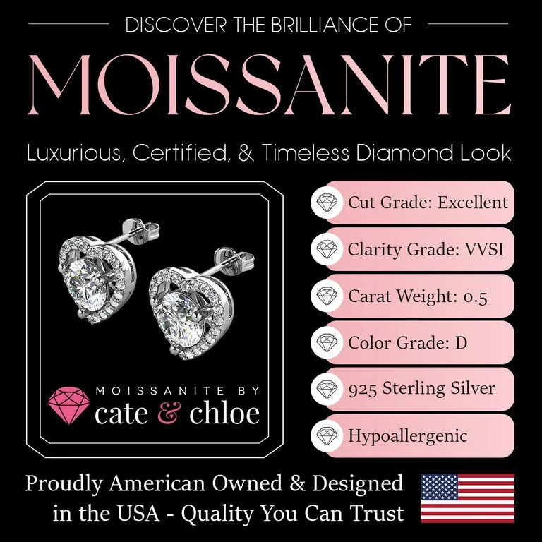 Moissanite by Cate & Chloe Briana 18k White Gold Plated Sterling Silver Heart Stud Earrings for W... | Walmart (US)