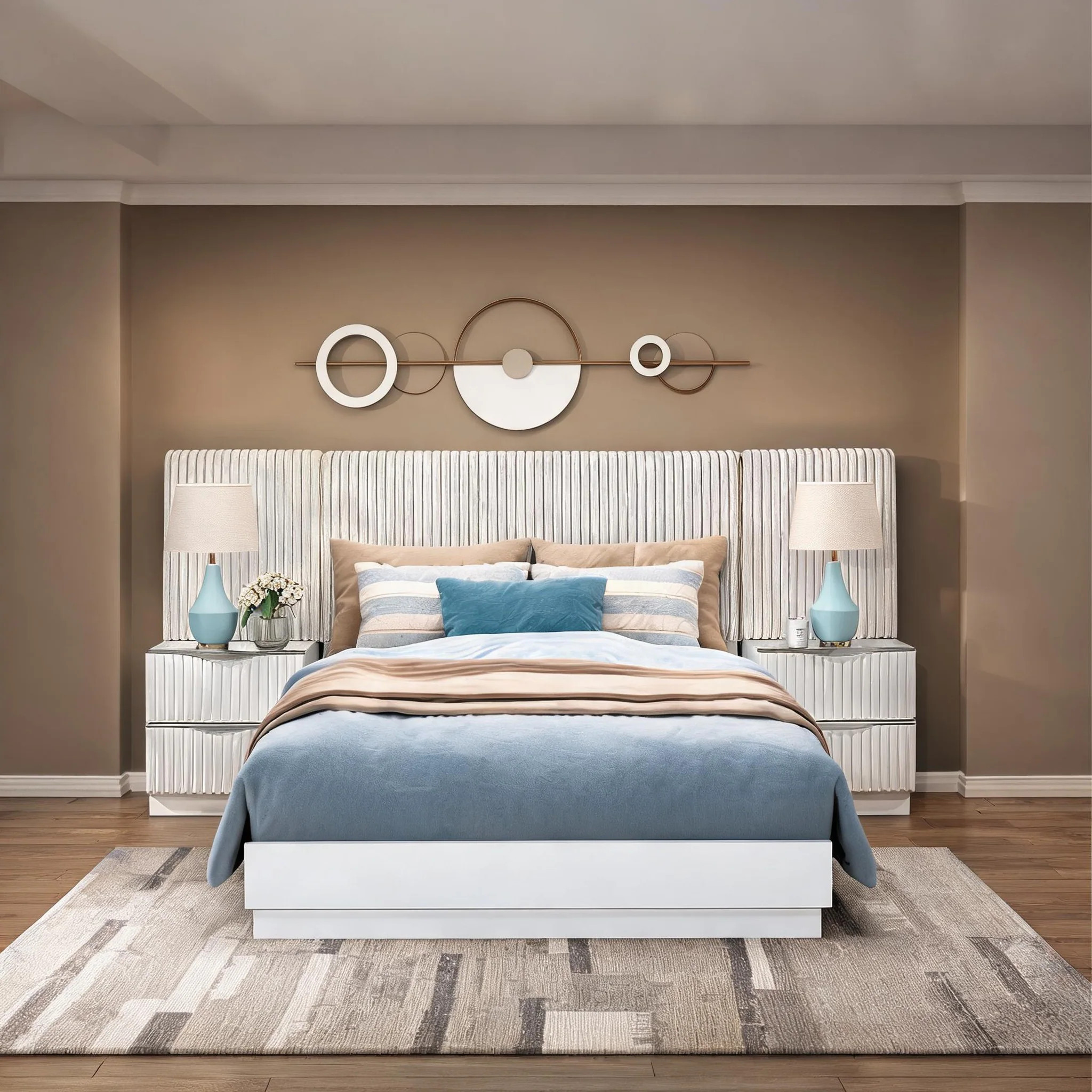Naturefalls King Wall Bed Set with Faux Fur Upholstered Panels and Nightstands in White Finish one_size | MMF7H1LA3KKI | Lowe's