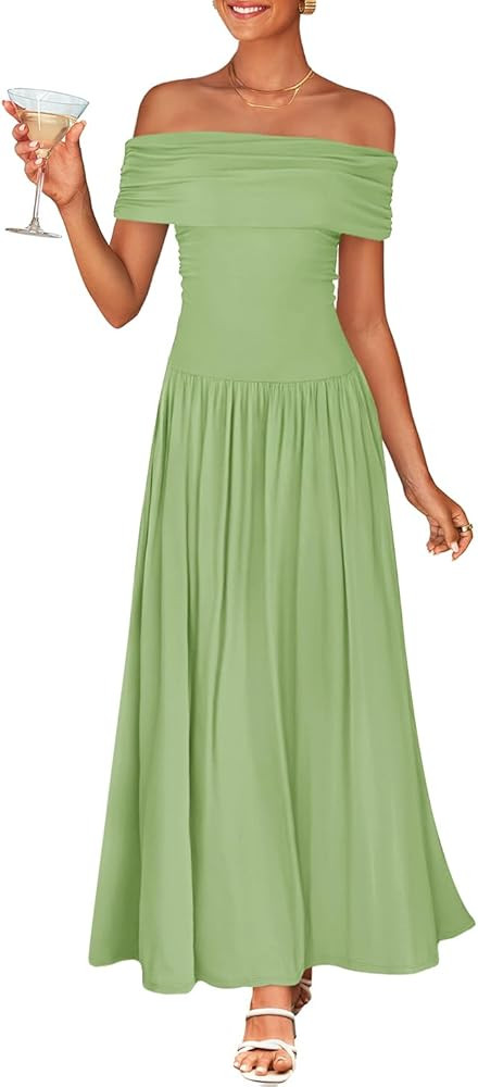 ZESICA Women's Off The Shoulder Maxi Dress 2025 Summer Sleeveless Casual Slim Swing Pleated Forma... | Amazon (US)