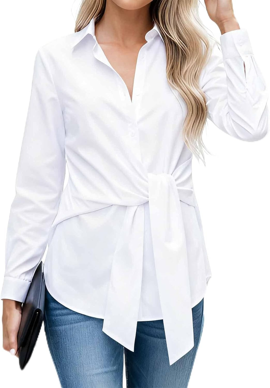 LUSMAY Women's Long Sleeve Wrap Tie Front Button Down Shirt - Elegant Collared Blouse for Office, Casual & Party | Amazon (US)