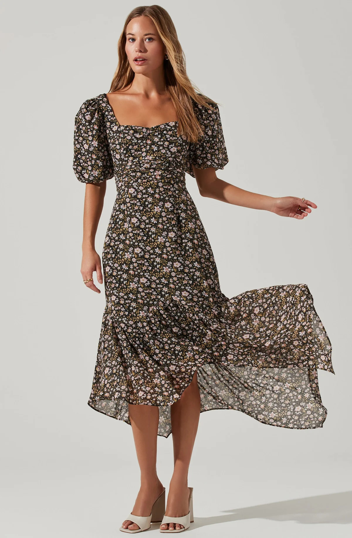 Floral Short Sleeve Asymmetrical Hem Midi Dress | ASTR The Label (US)