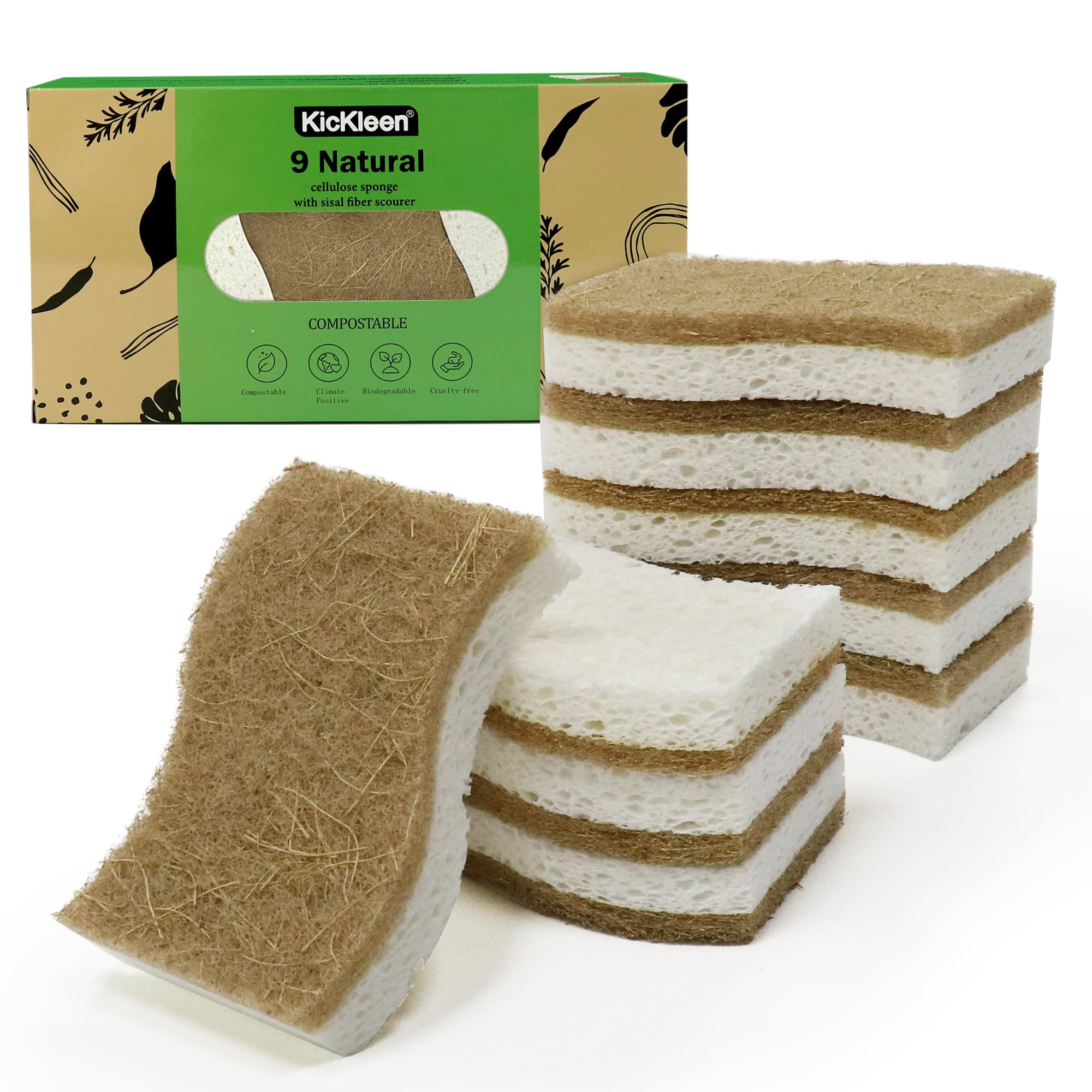 9 Pack Biodegradable Natural Kitchen Sponge - Compostable Cellulose and Coconut Walnut Scrubber S... | Amazon (US)