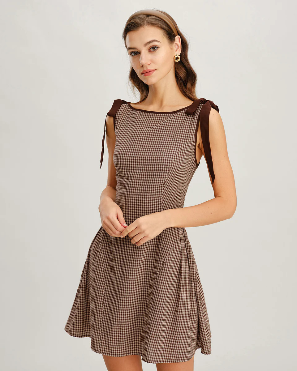 Brown Plaid Tie Strap Mini Dress | rihoas.com