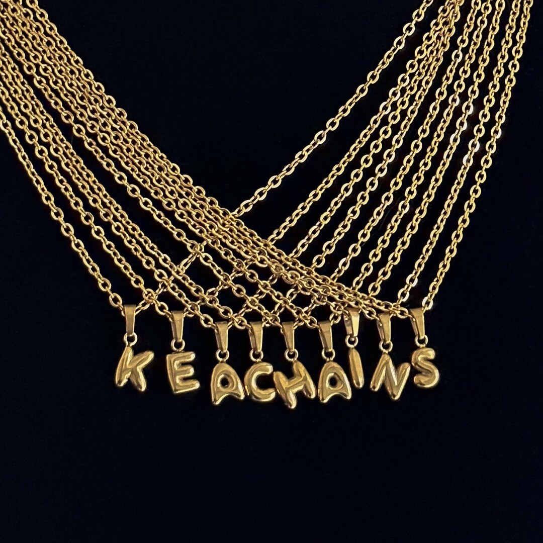 Mini Bubble Letter Gold Filled Chain Necklace Puffy Initial Stainless Steel Puffed Letter Blob Pe... | Etsy (US)