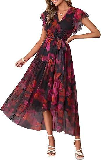 Simplee Womens Summer Floral Maxi Dress 2026 Short Sleeve V Neck Belted Mesh Hem Split Flowy Beac... | Amazon (US)