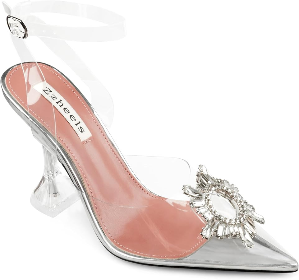 Zzheels Women's High Heel Crystal Slingback Pumps Pointed Toe Strappy Sandals for Party Dating | Amazon (US)