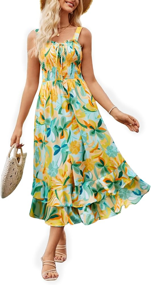 GRACE KARIN Women's 2025 Summer Floral Boho Dress Square Neck Strapped Swing A Line Sundress Beac... | Amazon (US)