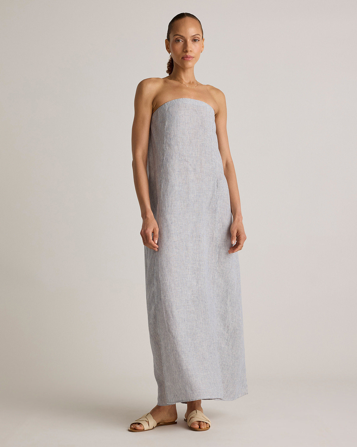 Quince | Women's 100% European Linen Strapless Maxi Dress in Blue Pinstripe, Size Small | Quince