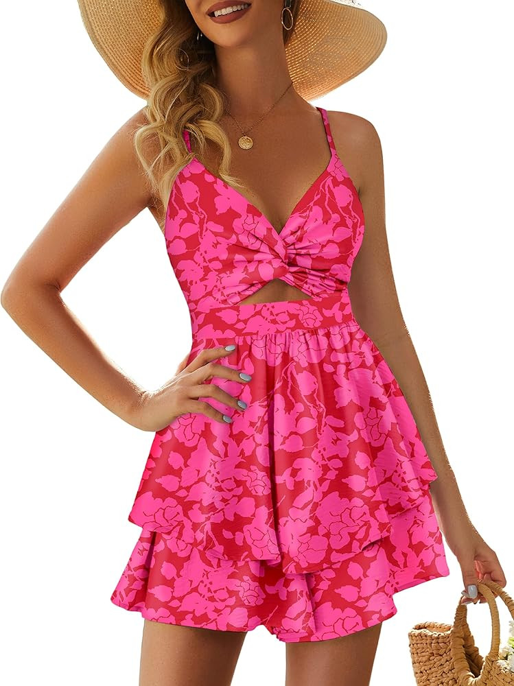 Rompers for Women Sexy Twist V Neck Spaghetti Straps Back Tie Casual Jumpsuits Dressy Floral Shor... | Amazon (US)