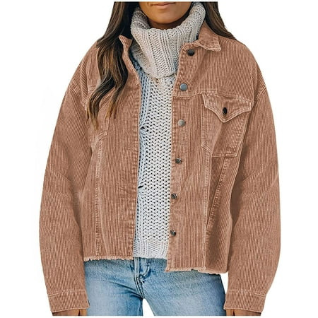 Crop Corduroy Jacket Women Fashion Casual Plain Color Winter Denim Coats Long Sleeve Button Down Shi | Walmart (US)
