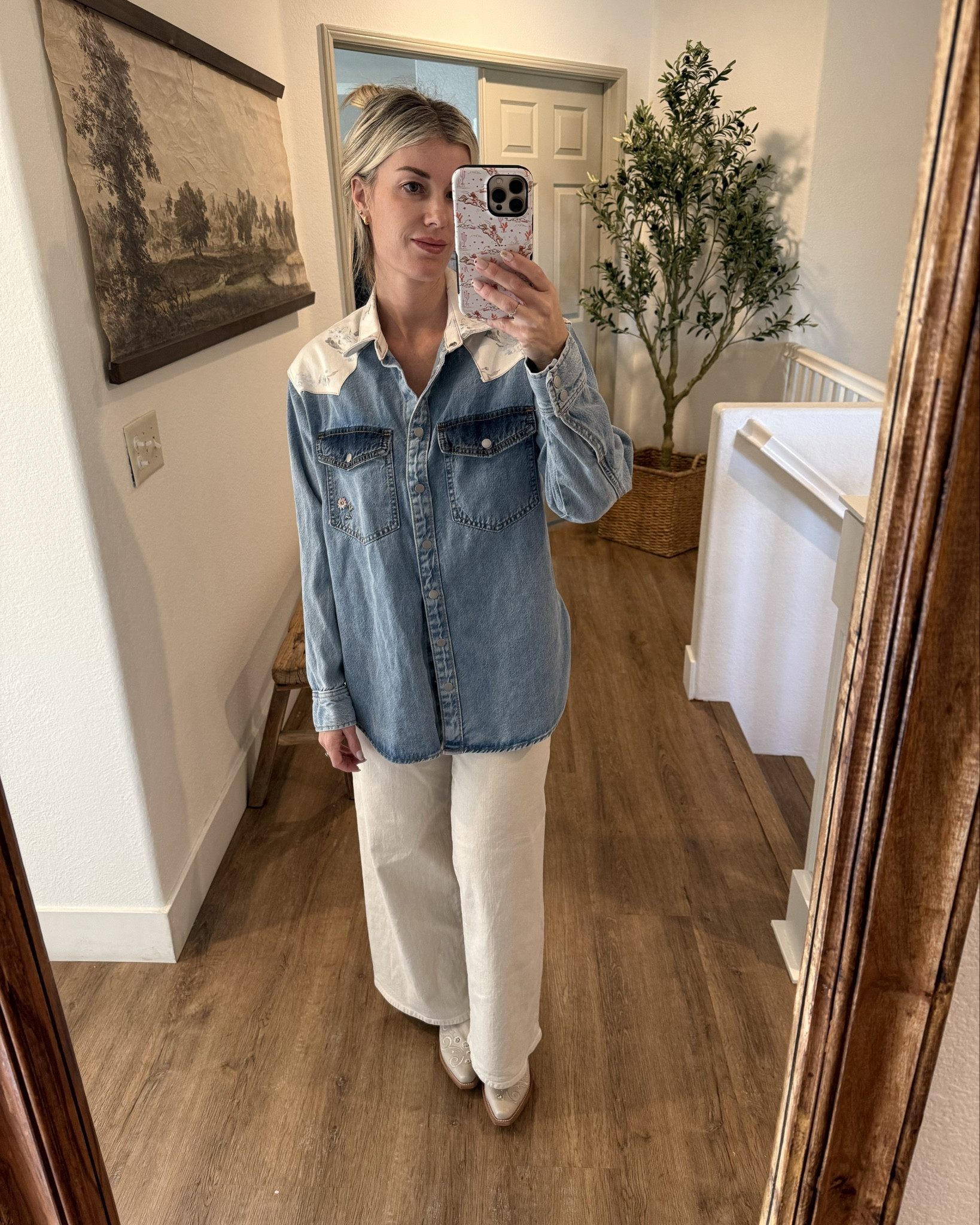 Oversized denim shirt (size small) with cute embroidery detailing. You could definitely size down. Covers 

#LTKOver40 #LTKSeasonal #LTKootd