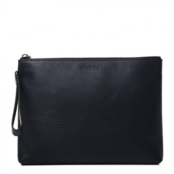 GUCCI Grained Calfskin Zip Wristlet Pouch Navy | Fashionphile