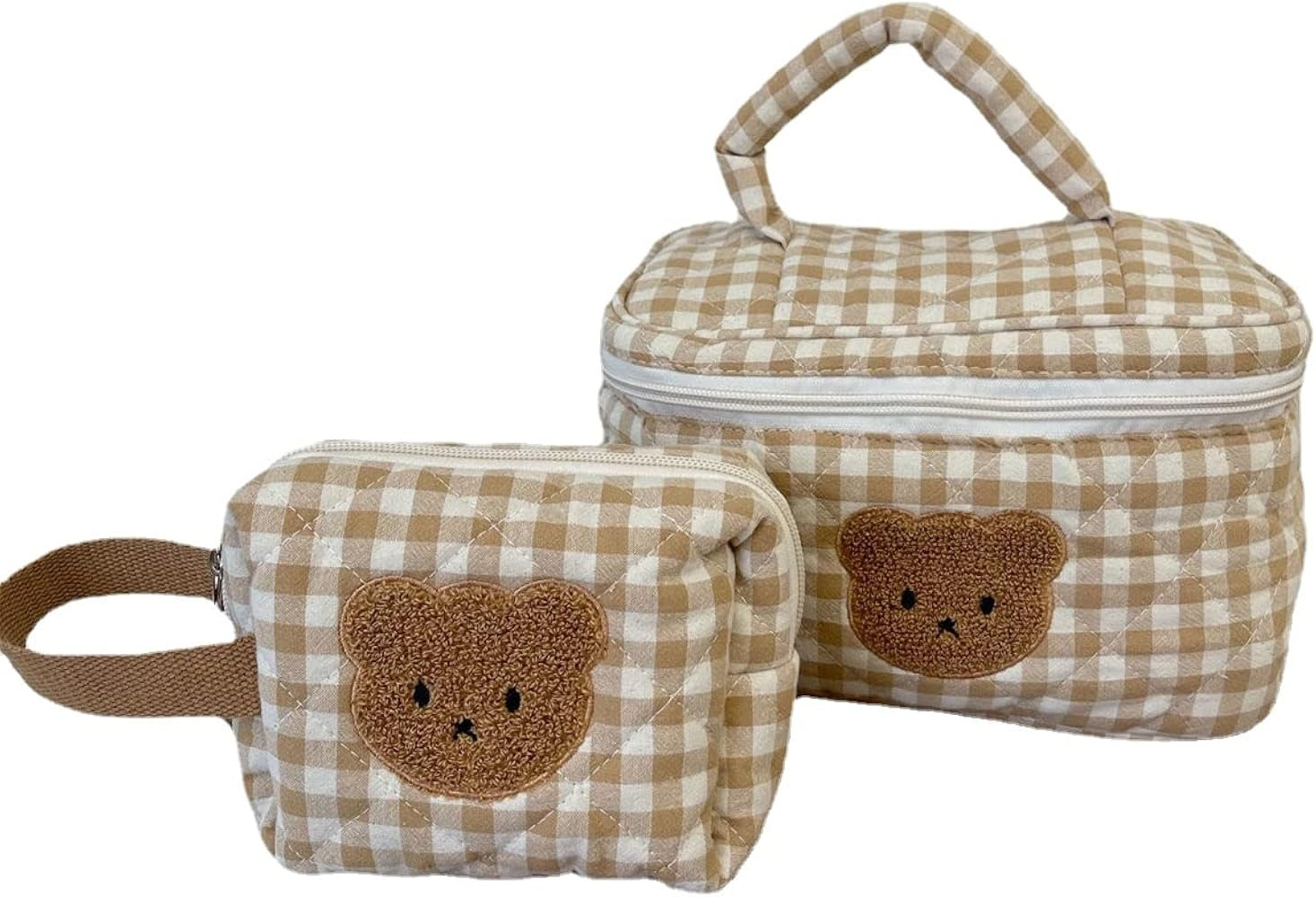 Large Travel Quilted Makeup Bag for Women, Cute Bear Cotton Cosmetic Bag, Aesthetic Plaid Toiletr... | Amazon (US)