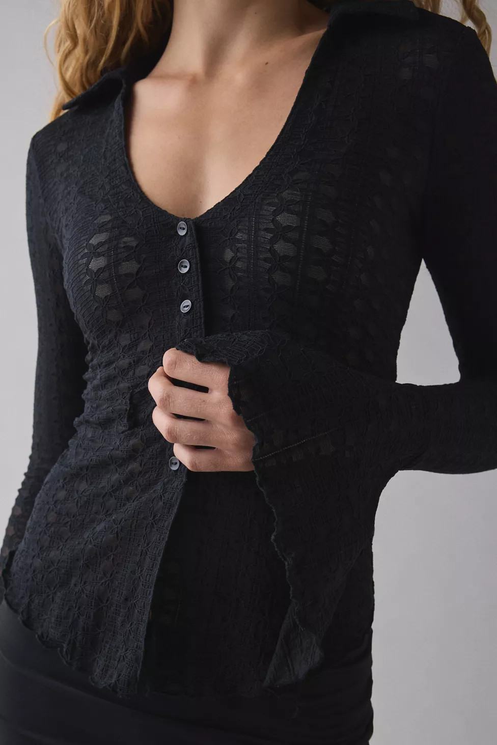 Kimchi Blue Abigail Sheer Lace Button Front Flyaway Top | Urban Outfitters (US and RoW)