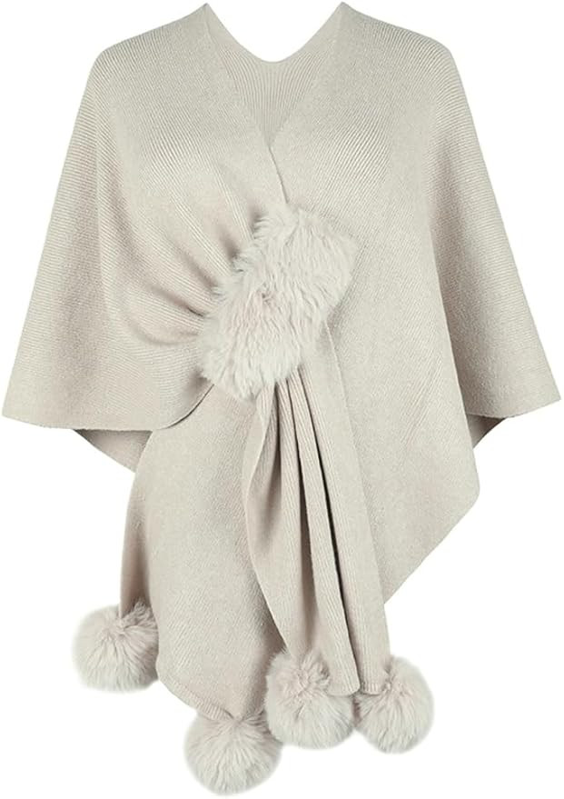 Fashion Cape Shawls for Women Faux Fur Pom Pashmina Wrap Large Scarves Open Front Poncho Cape Sof... | Amazon (US)