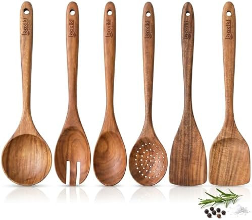 Luxury Teak Wood Utensil Set - Elegant 6-Piece Cooking Ensemble Including Spoons, Server, Scraper... | Amazon (US)