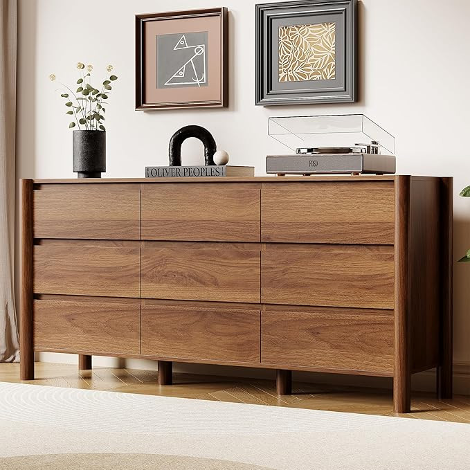 63" Wide 9-Drawer Dresser for Bedroom, Mid-Century Modern Chest with Solid Wood Legs, Concealed H... | Amazon (US)