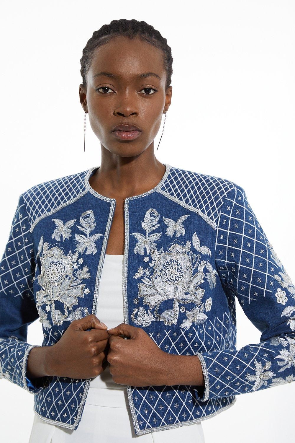 Beaded Embellished Denim Woven Trophy Jacket | Karen Millen US