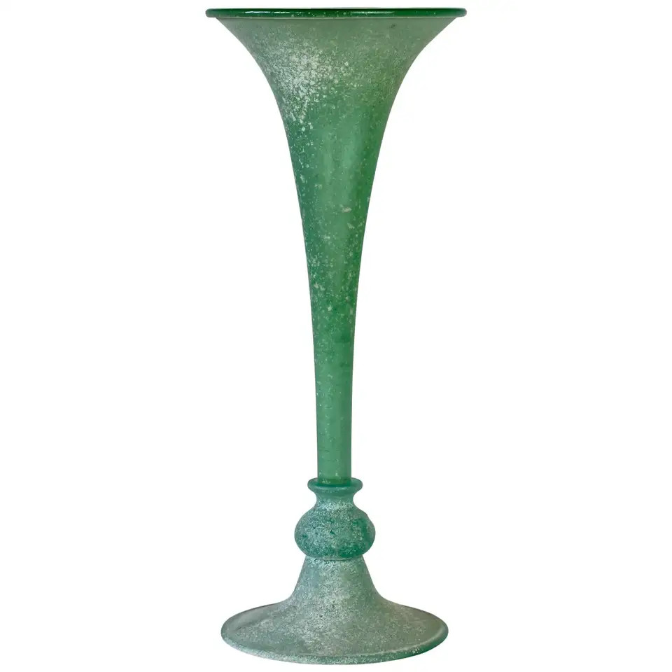 Tall Green 'A Scavo' Murano Glass Fluted Vase Attributed to Seguso Vetri d'Arte | 1stDibs