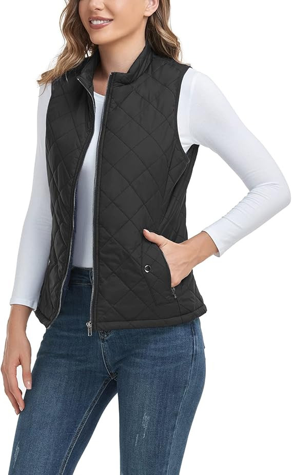 2022 Upgraded, Black Women's Outwear Vest With One Inner Pocket - Stand Collar Lightweight Zip Qu... | Amazon (US)