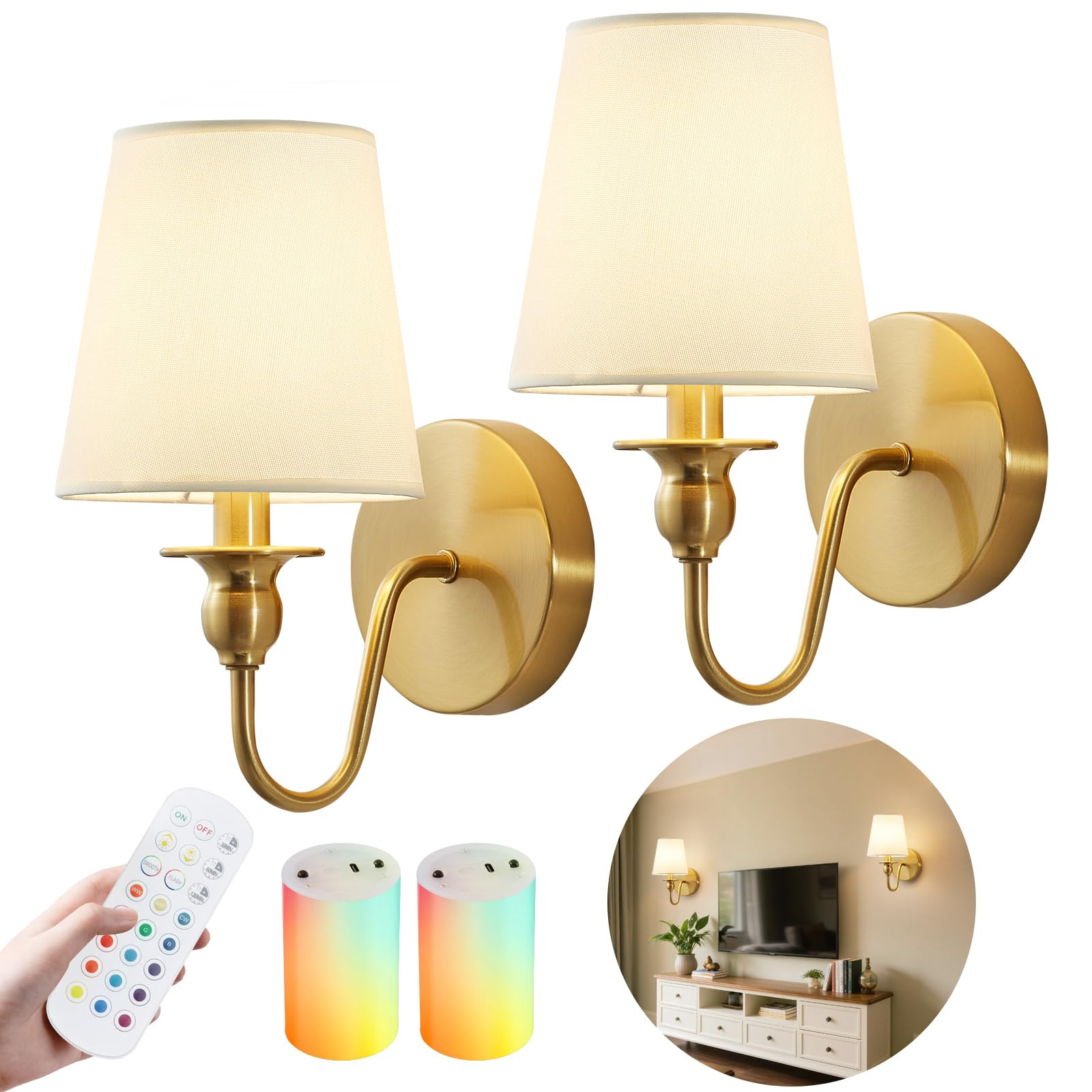 Battery Operated Wall Sconces set of Two,Wireless Wall Sconces with 10000mAh Dimmable Bulb and Re... | Amazon (US)