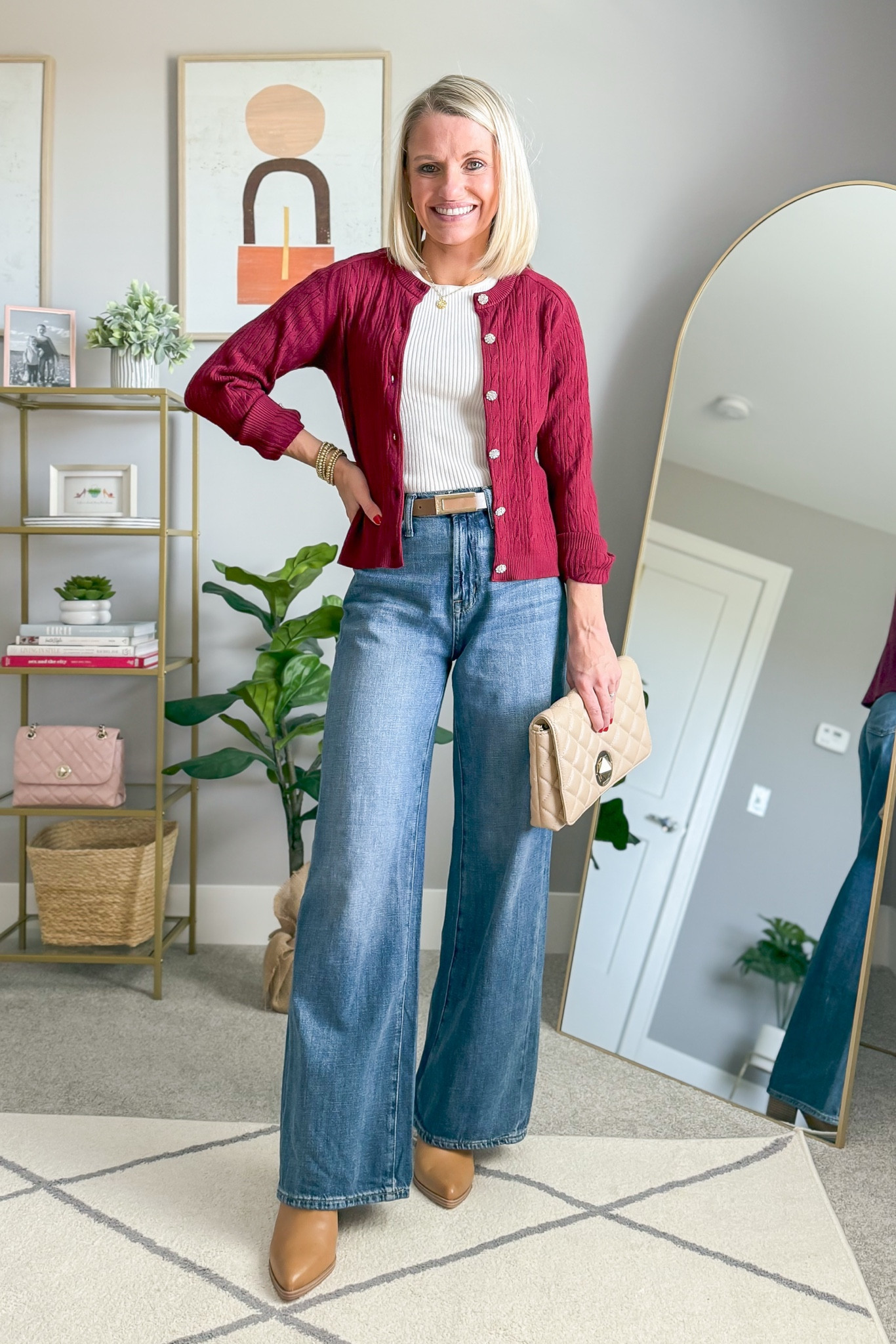 Thanksgiving outfit with a cranberry colored cardigan and wide-leg jeans! Cardigan- xsmall || shirt- small || jeans- 25/short

#LTKFindsUnder50 #LTKStyleTip #LTKHoliday