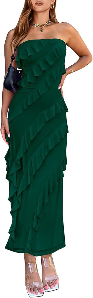 BTFBM Women Summer Elegant Strapless Midi Ruched Bodycon Dress Solid Color Stretch Mesh Slim Part... | Amazon (US)
