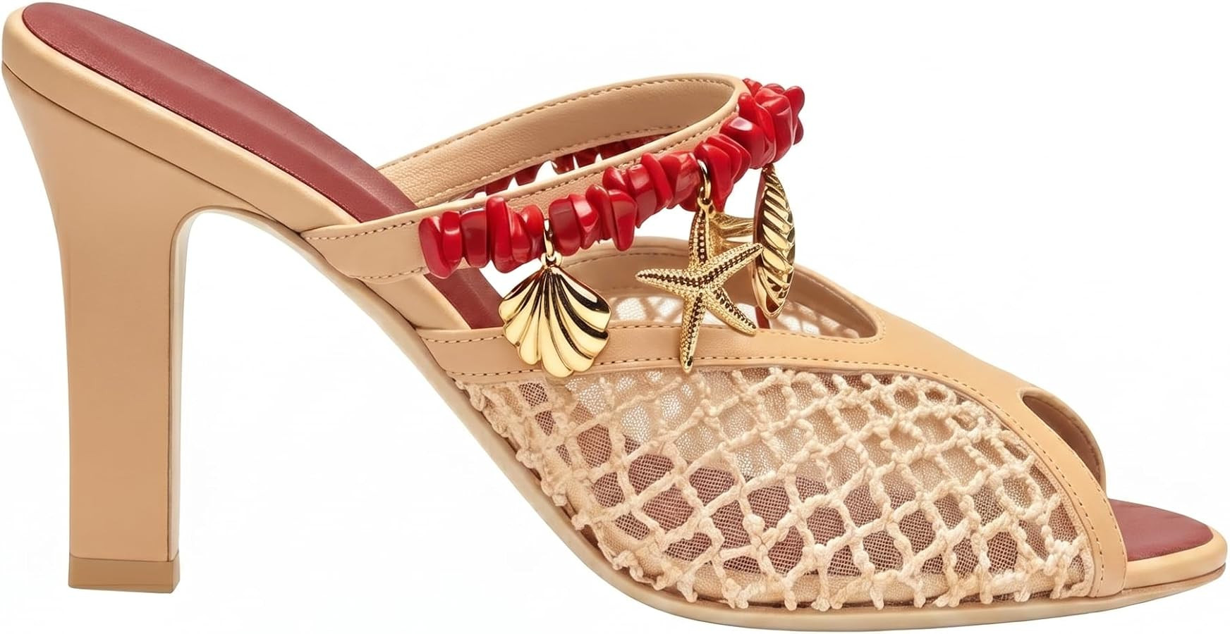 Beaded Peep Toe Block Heel Sandals for Women Mesh Shell Slip On Chunky Mules Summer Cute Beach Sl... | Amazon (US)