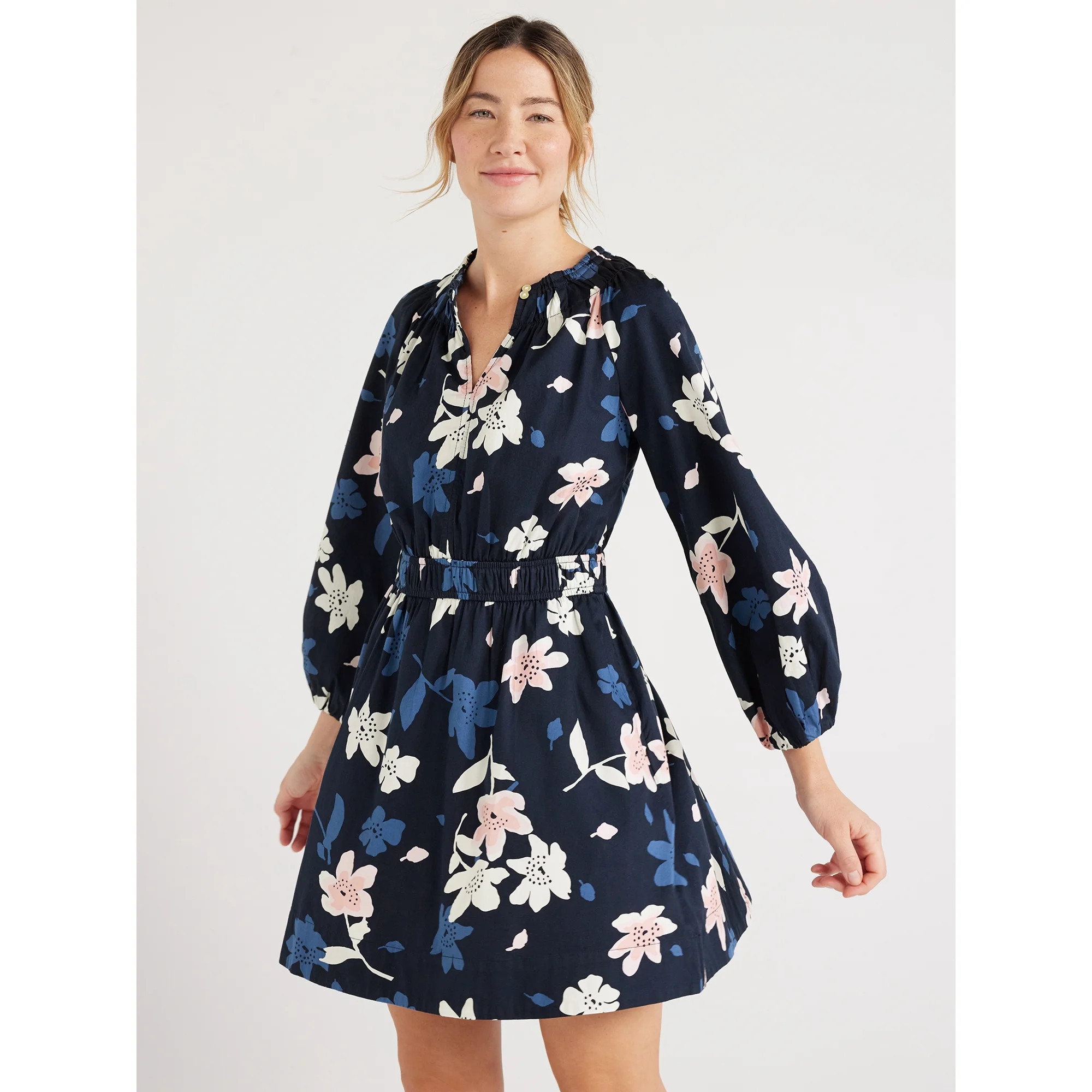 Free Assembly Women's Gathered Waist Mini Dress with Long Sleeves, Sizes XS-XXXL | Walmart (US)