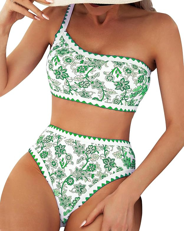 One Shoulder Bikini Set for Women High Waisted Swimsuits Floral 2 Piece Bathing Suit Bottom Tummy... | Amazon (US)