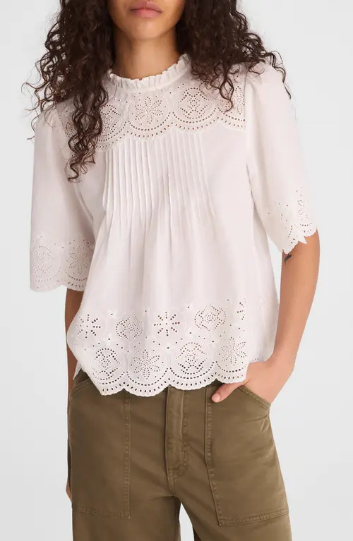 Madewell Embroidered Pintuck High Neck Cotton Voile Top in White at Nordstrom, Size Xx-Small | Nordstrom