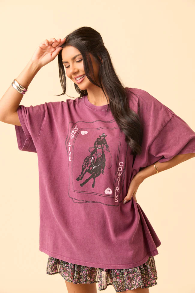 Western Playing Card Dark Cherry Oversized Graphic Tee | Pink Lily
