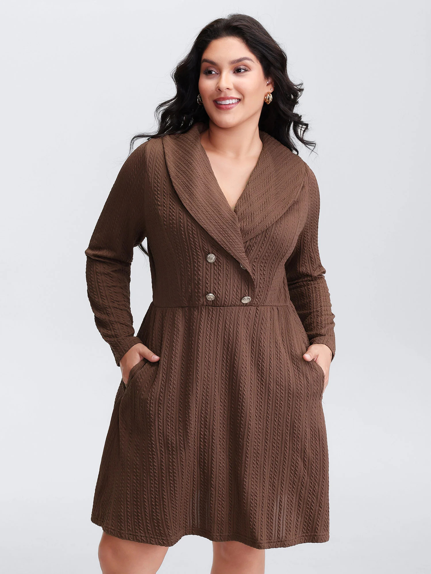 Cable Knit Double Decorative Button Knee-Length Dress | Bloomchic