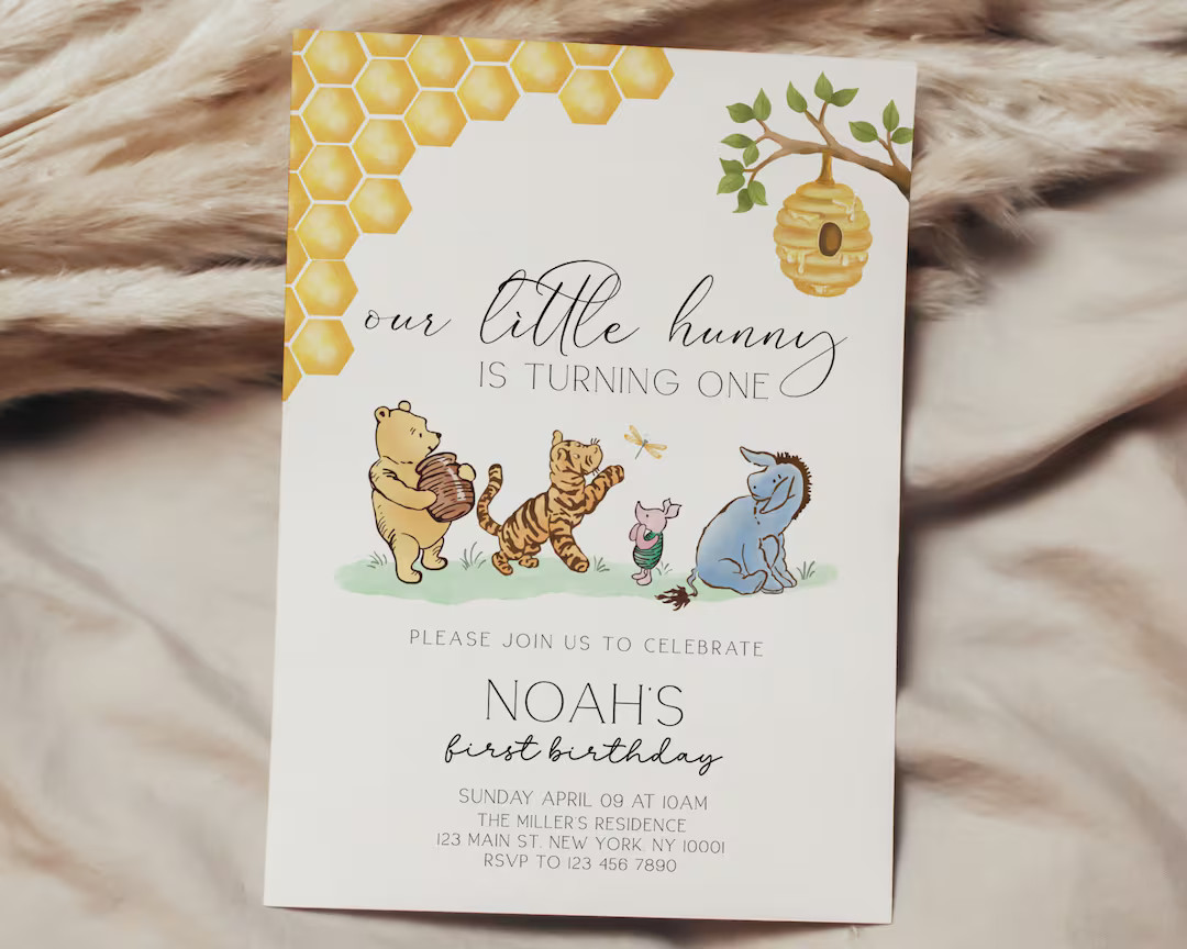 Classic Winnie the Pooh Birthday Invitation, Winnie the Pooh Birthday Invite, Little Hunny 1st Bi... | Etsy (US)