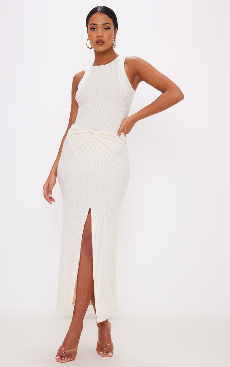 Tall Cream Brushed Rib Twist Front Midaxi Skirt | PrettyLittleThing UK