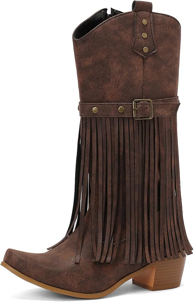 Women's Metal Decoration Fringe Cowboy Western Knee High Boot | Amazon (US)