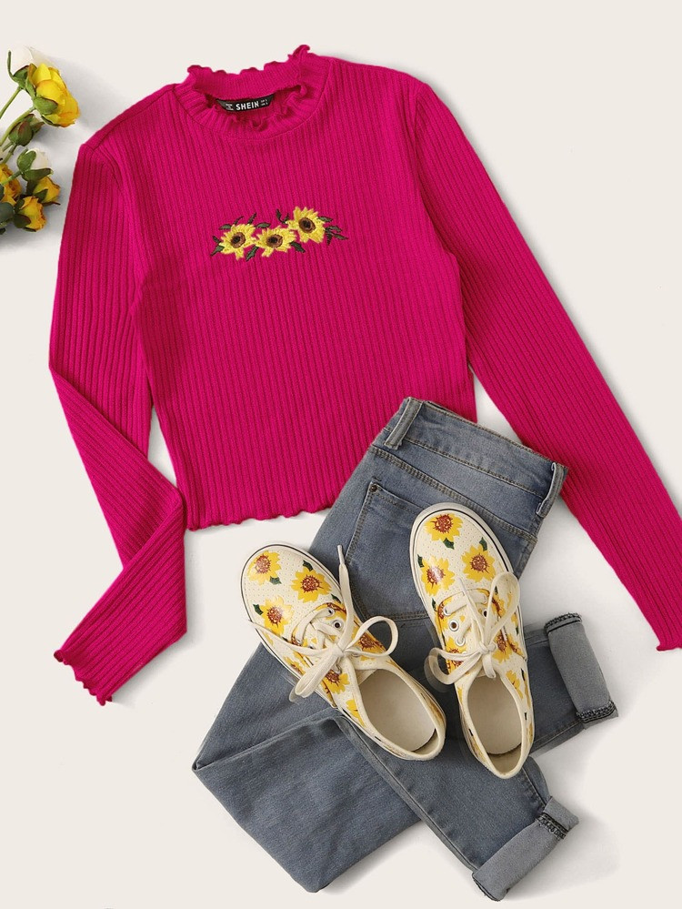 Lettuce Trim Floral Embroidery Rib-knit Top | SHEIN
