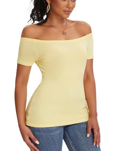 Yellow Off The Shoulder Tops for Women Short Sleeve Shirts Ribbed Basic Trendy Stretchy Lightweight Tops(Yellow X-Large) | Amazon (US)